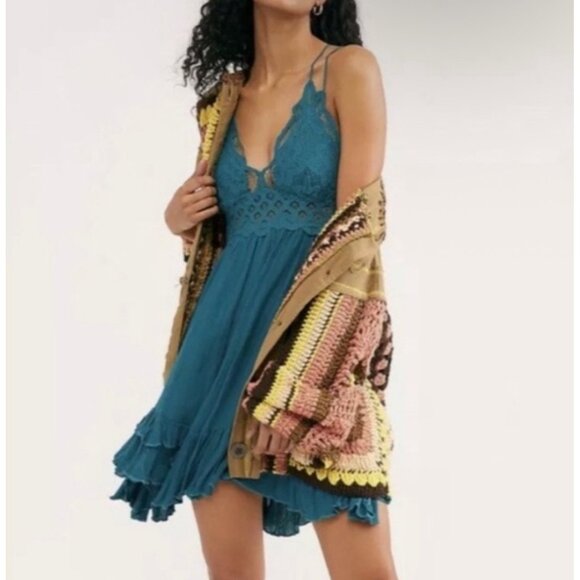 Free People Teal Lace Crochet Trim Ruffled Hem Flowy Casual Boho Slip Dress - Picture 16 of 16